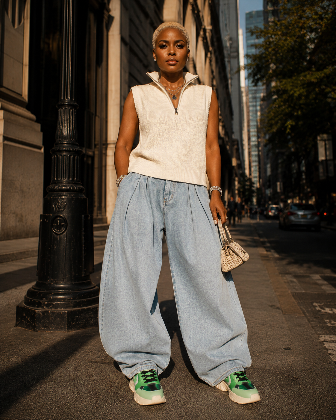 Woman standing confidently in wide-leg denim on a city street