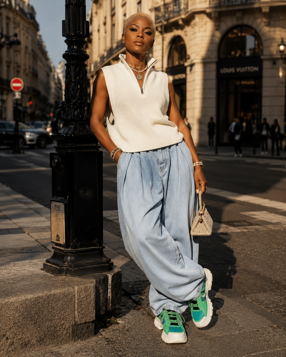 Woman leaning against a street post in a luxury editorial portrait