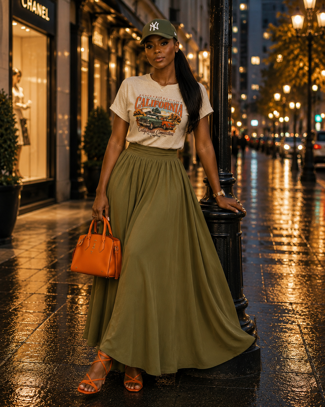 Woman wearing an olive skirt and orange heels on a luminous evening city street