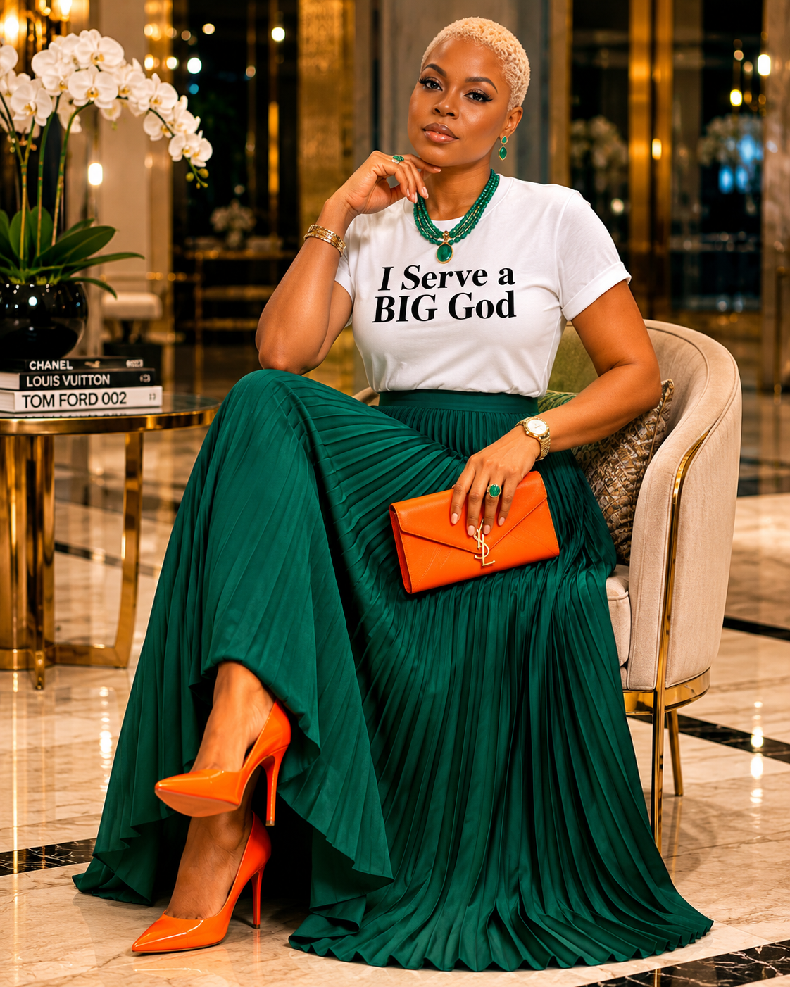Elegant woman seated in a luxury interior wearing emerald and gold styling