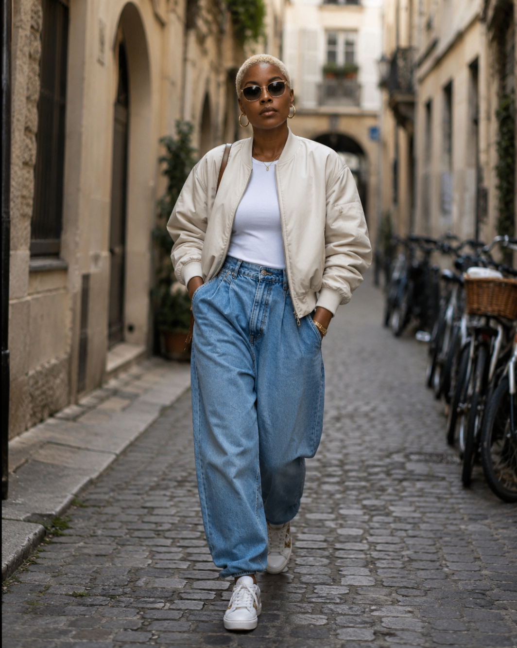 Woman walking through a European street in relaxed luxury styling